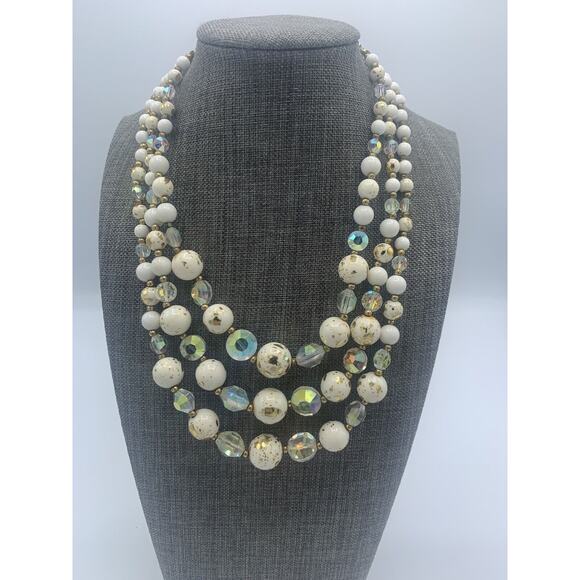 Vtg Coro Triple Strand White Gold Beaded Necklace Aurora Borealis Statement - Picture 2 of 8